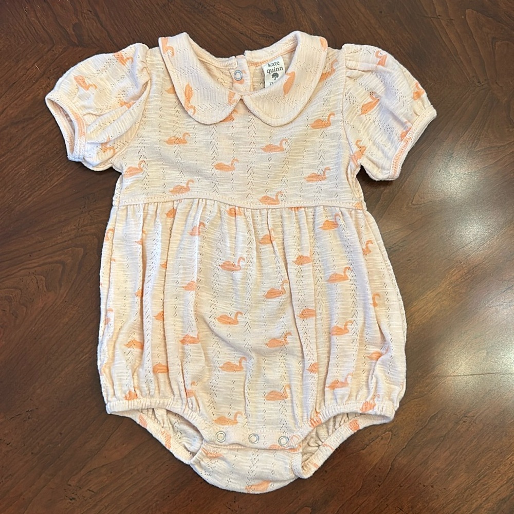Kate Quinn Pink Pointelle Swan Print Bubble 12-18 months Valentine’s Day